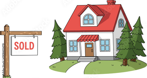 House with sold sign real estate property transaction vector illustration residential home concept design
