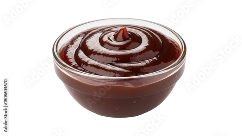 Glass bowl filled with delicious BBQ sauce with a swirl on top, cut out, stock png, isolated on transparent background