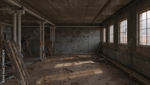 Construction Site With Wooden Materials and Sunlight Entering the Windows in an Unfinished Building