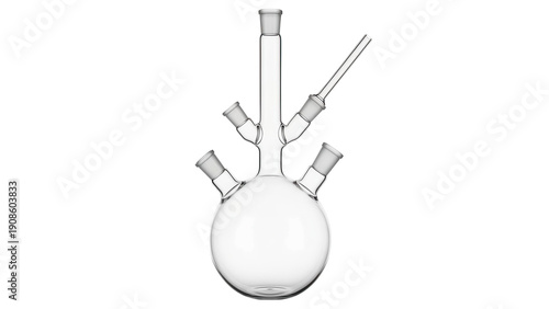 Clear glass four-neck round bottom flask for laboratory work, cut out, stock png, isolated on transparent background