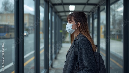Woman Waiting at a Bus Stop While Wearing a Mask on a Cloudy Day in an Urban Area Free Download Woman Waiting at a Bus Stop While Wearing a Mask on a Cloudy Day in an Urban Area - GFXLoad