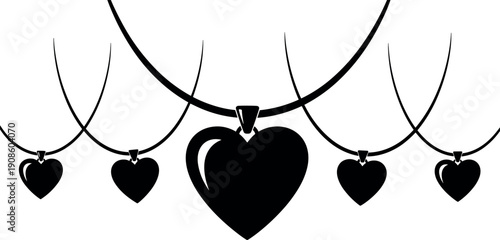 Heart pendant necklace vector illustration, romantic jewelry design silhouette, love symbol accessories collection, elegant fashion icon isolated on white background