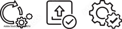  Outline system control icon set with refresh, update and settings symbols. Sync success indicators and gear icons with check marks for completed configuration..eps