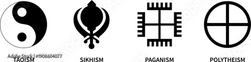Taoism, Sikhism, Paganism and Polytheism symbols. Religious icons. Vector
