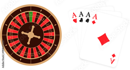 Casino roulette wheel. Gambling. Four playing cards. Playing card suits icon. Suit deck of playing cards. Vector