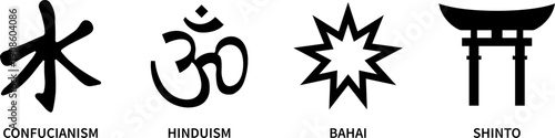 Confucianism, Hinduism, Bahai, Shinto symbols. Religious icons. Vector