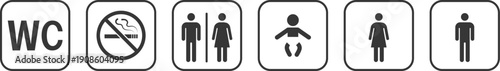Public place signs. Public restroom symbols, WC. Toilet Room Man and Woman Signs. No smoking area. Vector