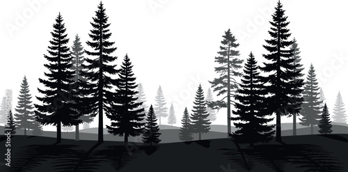 Pine forest silhouette landscape, evergreen tree shadows in monochrome nature scene, layered woodland illustration isolated background, minimalist outdoor vector design artwork