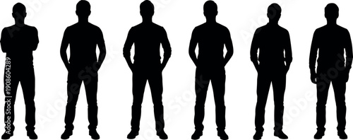 Standing male silhouettes collection, black human figure outlines isolated on white background, minimalist people shadow set for design, branding, illustration projects