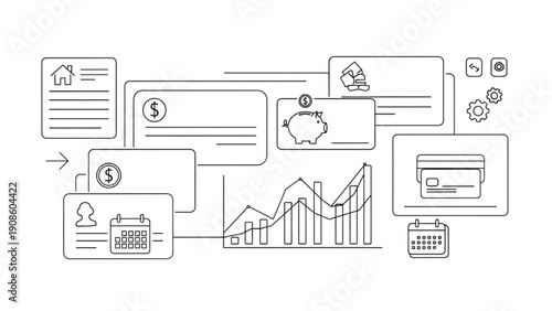 Black Single Line Drawing of Online Banking Dashboard | Minimalist Line Art Illustration