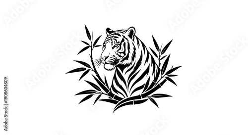 Tiger and bamboo illustration on white