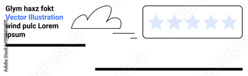 Feedback systems, customer reviews, cloud applications, quality ratings, online reputation, user experience. Minimalist cloud with five stars and placeholder text. Feedback systems and customer