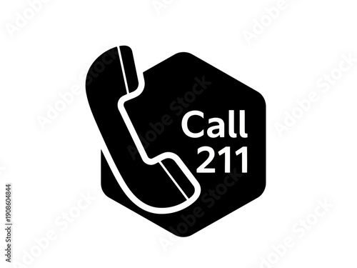 A minimal black and white silhouette icon of a telephone receiver next to the text call 211 inside a hexagon shape symbolizing a helpline or emergency contact number