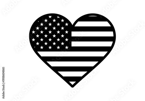 A cute heart shape silhouette filled with american flag pattern black and white graphic design element