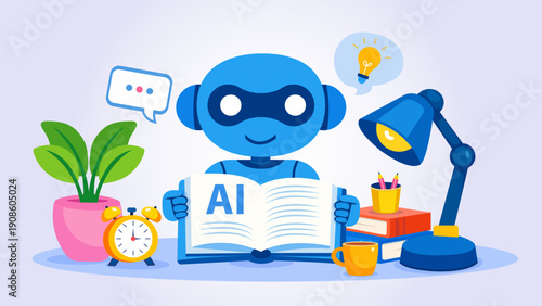 AI assistant reading and studying with focus, ideal for education apps, study platforms, online learning websites, academic content