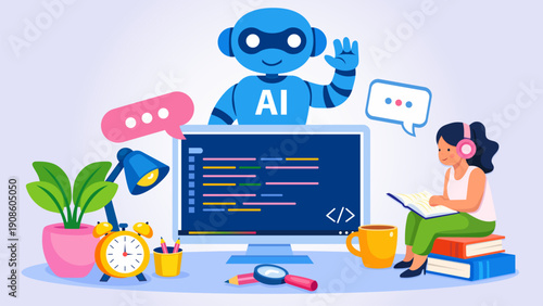 AI productivity assistant working at desk, suitable for business apps, office software, workflow tools, corporate websites