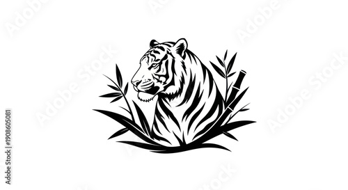 Tiger illustration amidst bamboo foliage