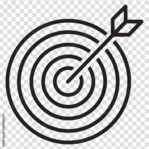 Black target with an arrow hitting the bullseye on a transparent background