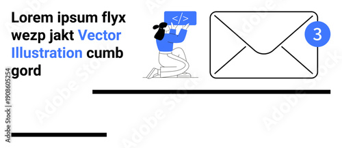 Digital communication, notifications, programming, email workflows, coding, and technology concepts. A person coding next to an envelope icon with a notification badge. Digital communication