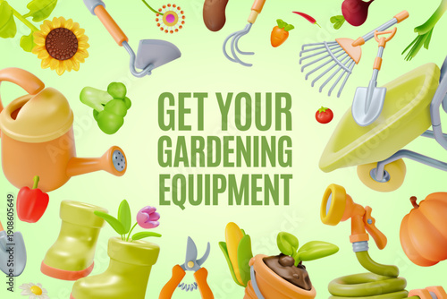 3d Get Your Gardening Equipment Agricultural and Garden Concept Ads Banner Poster Card Template. Vector illustration