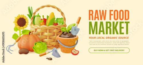 3d Raw Food Market Local Organic Source Buy and Delivery Agricultural and Garden Concept Ads Banner Poster Card Template. Vector illustration