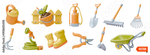 3d Colorful Agricultural and Garden Tools Set Concept Cartoon Design Style. Vector illustration of Rake, Wheelbarrow, Watering Can and Hose