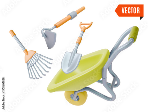 3d Colorful Wheelbarrow and Rake, Hoe and Shovel Tools Agricultural and Garden Concept Cartoon Style. Vector illustration