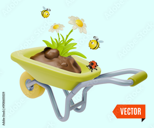 3d Colorful Wheelbarrow with Blooming Chamomile Flower and Flying around Bees Agricultural and Garden Concept Cartoon Design Style. Vector illustration