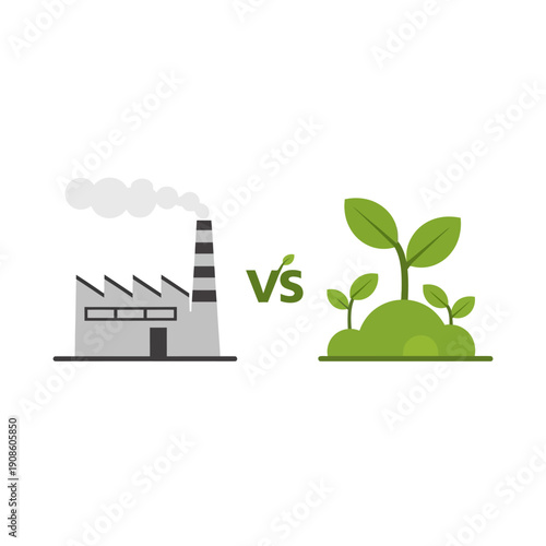 Industry vs Nature: Factory Pollution vs Green Plant Growth, Environmental Concept