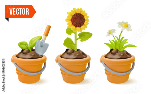 3d Colorful Chamomile and Sunflower in a Buckets Set Agricultural and Garden Concept Cartoon Design Style. Vector illustration
