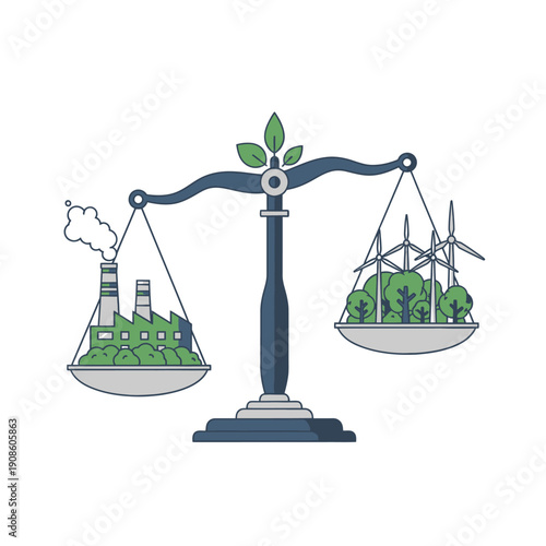 Scales balancing factory pollution vs. wind turbines and green trees, environmental concept