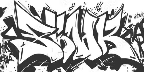 black and white graffiti artwork with abstract shapes and lines sketch art drawing on a white background.