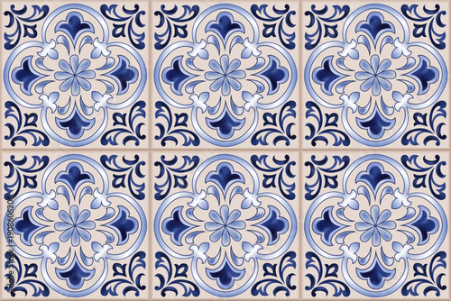 Mediterranean ceramic tile seamless pattern. Traditional blue and white flora...