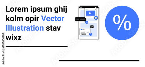 Business analytics, mobile design, online marketing, user interface, e-commerce, statistics. Smartphone screen with user interface elements and percentage symbol. Digital marketing and business