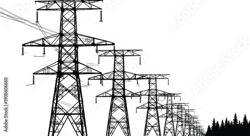 High voltage power transmission towers in perspective silhouette isolated on white background, illustrating long distance electricity grid infrastructure and energy distribution