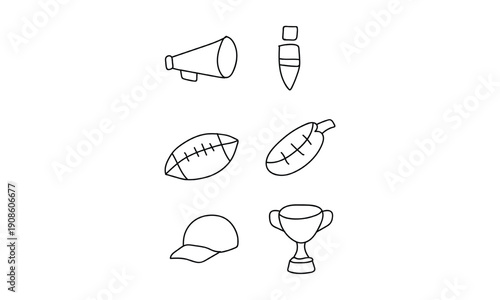 Illustration of various sports equipment including a trophy, helmet, and balls isolated on white background, Vector