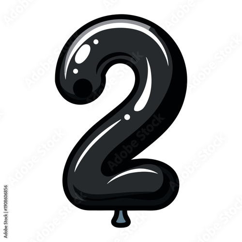 A shiny black balloon shaped like the number 1.2.3.4.5.6.7.8.9 in a cartoon style