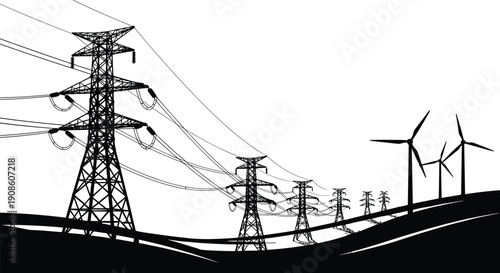 High voltage transmission towers with wind turbines silhouette isolated on white background, illustrating renewable energy integration and modern power grid