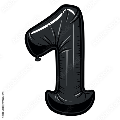 A shiny black balloon shaped like the number 1.2.3.4.5.6.7.8.9 in a cartoon style