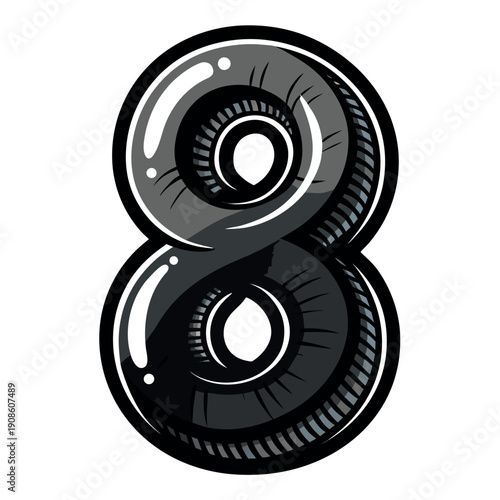 A shiny black balloon shaped like the number 1.2.3.4.5.6.7.8.9 in a cartoon style