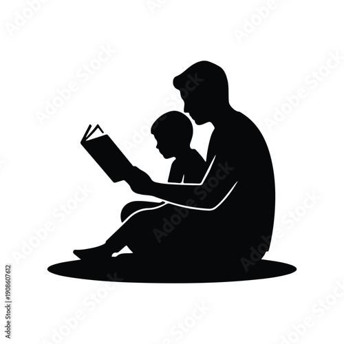 Parent Reading Storybook to Child Black Silhouette Vector