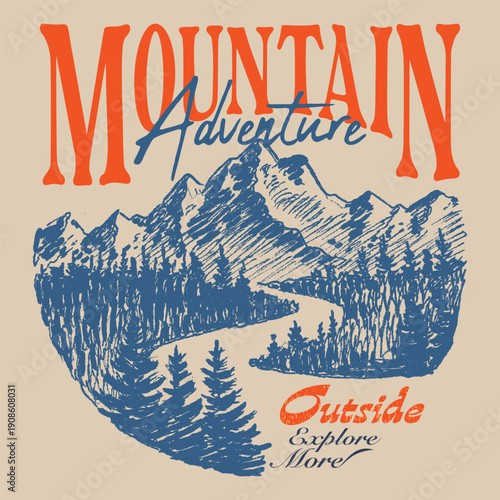 Mountain Outdoors t shirt vector design. artistic embodiment of nature, adventure and landscape, Mountain vintage artwork for apparel, sticker, batch, background, poster and others. Summer adventure