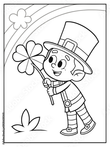 Cute cartoon leprechaun character holding a large four leaf clover against a partial rainbow background in a printable coloring page outline.