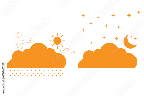 Weather icons set including clouds sun moon stars and rain snowflake symbols. mountains clouds rain sun and stars.  Includes sun, rain, wind, cloudy, sun behind cloud, and moon with stars, for apps 