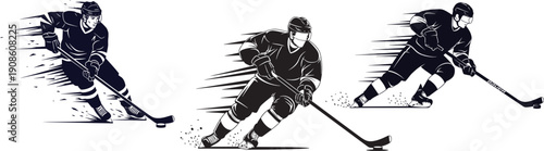 Ice Hockey Players Action Silhouettes Set, Dynamic Speed Motion Vector Illustration