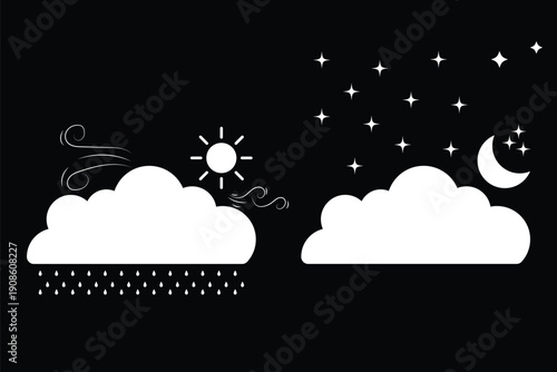 Weather icons set including clouds sun moon stars and rain snowflake symbols. mountains clouds rain sun and stars.  Includes sun, rain, wind, cloudy, sun behind cloud, and moon with stars, for apps 