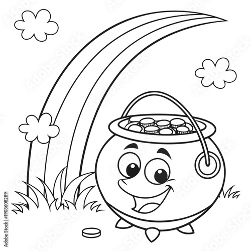 Black and white coloring page illustration featuring a happy cartoon pot of gold situated beneath a large arching rainbow with scattered clouds and foreground grass.