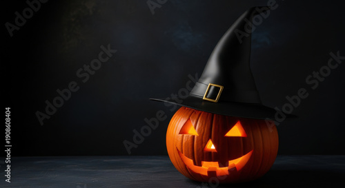 Classic Halloween Image of a Jack-o'-Lantern with a Witch Hat on a Dark Background, Symbolizing the Festive and Playful Spirit of the Holiday