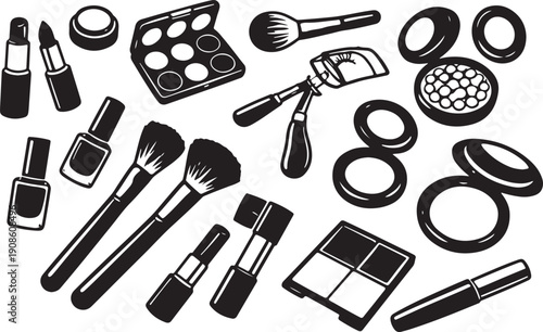 Makeup Cosmetics Icon Set – Brushes, Lipstick, Eyeshadow, Powder and Beauty Tools