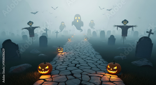 Atmospheric Graveyard Path with Lit Pumpkins, Scarecrows, and Ethereal Specters, Creating a Haunting and Evocative Landscape for Seasonal Observances